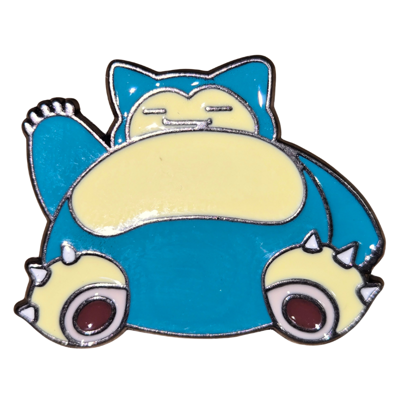 Blue and yellow cartoon character pin on a white background