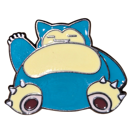 Blue and yellow cartoon character pin on a white background