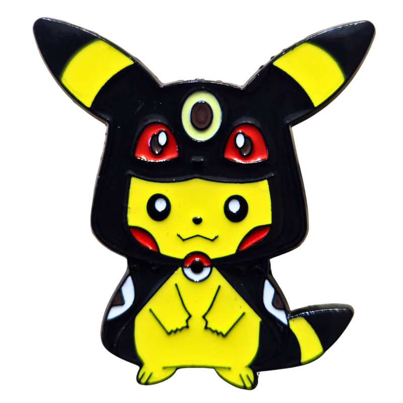 Pikachu character wearing a black hood with yellow stripes on a white background