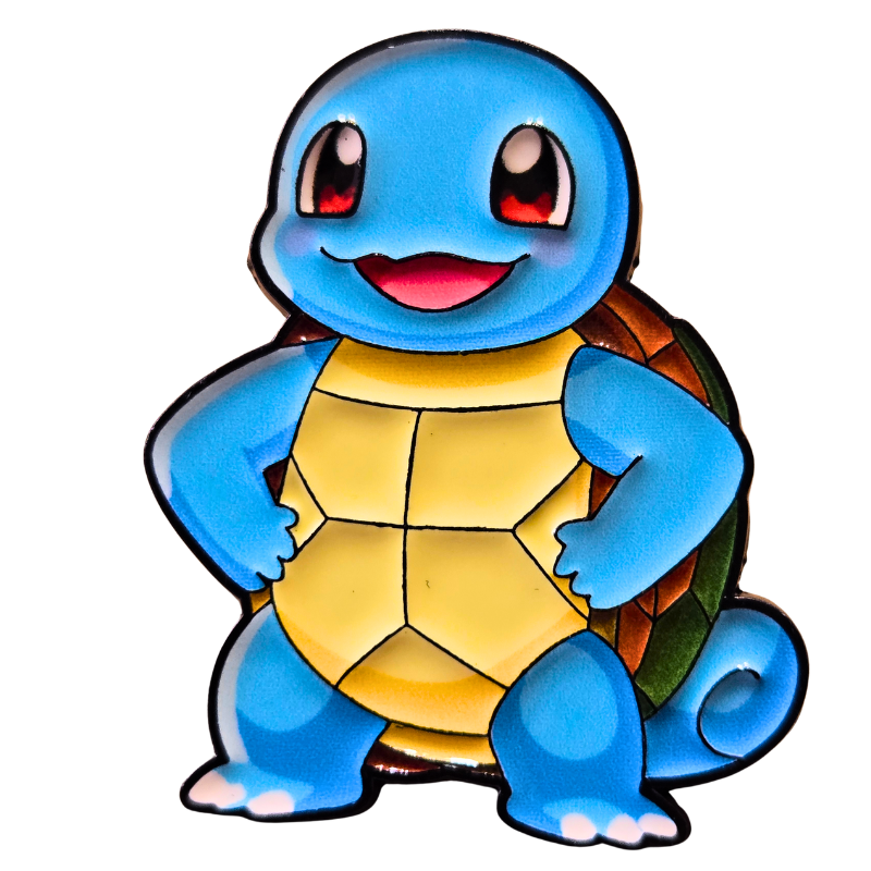 Cartoon turtle character with blue shell and red eyes on a white background