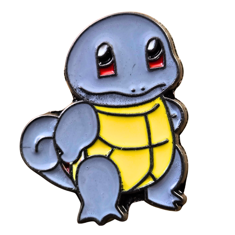 Squirtle enamel pin with gray shell and yellow body on a white background