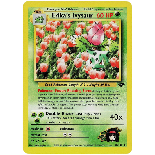 Erika's Ivysaur Pokémon trading card with green border and Ivysaur illustration.
