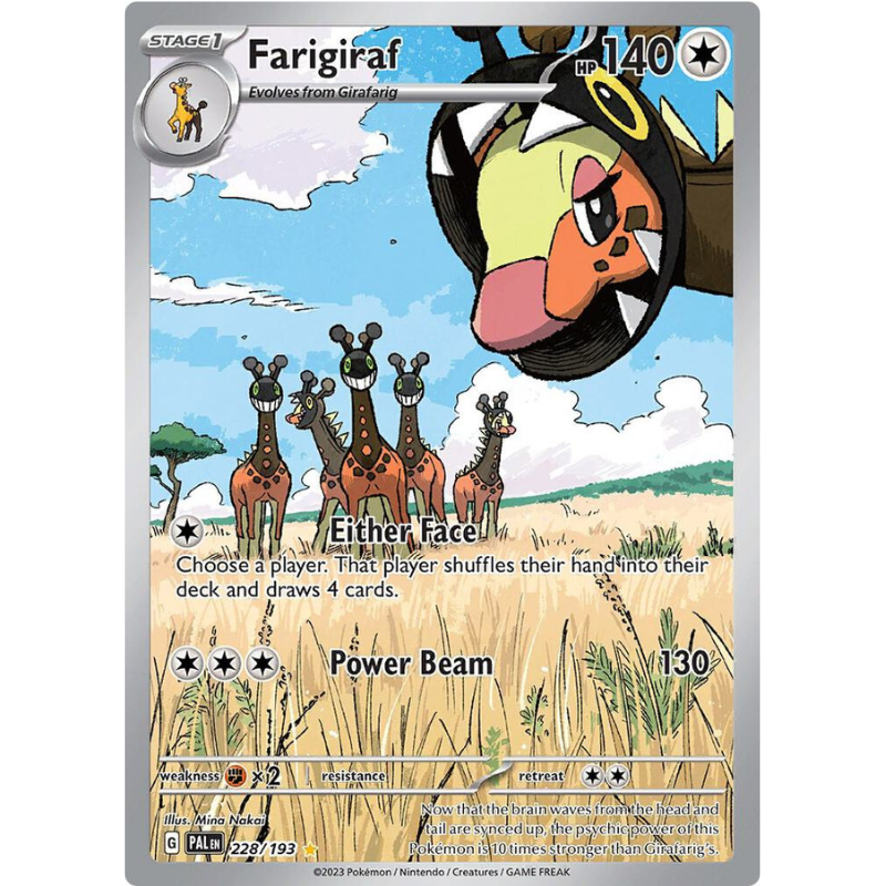 Pokémon trading card featuring Farigiraf with a scenic background