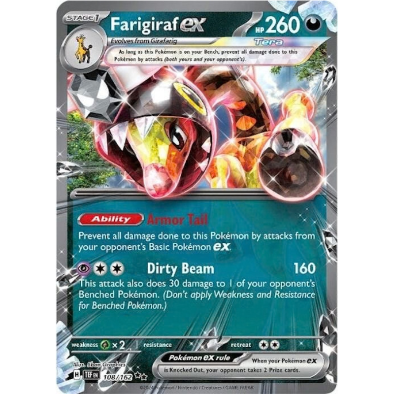Pokémon trading card featuring Farigiraf ex with detailed artwork and text.