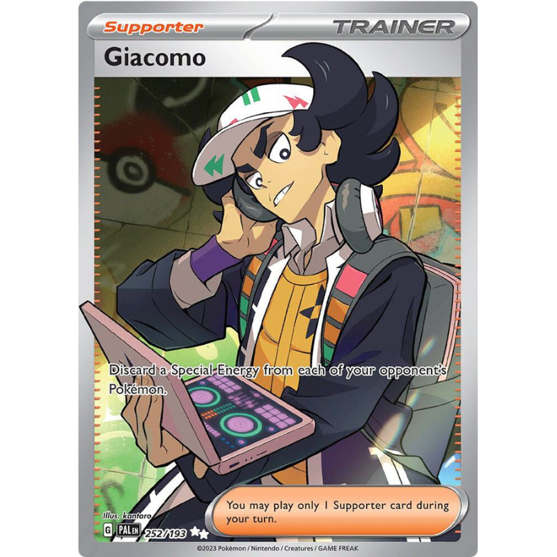 Pokémon trading card featuring Giacomo, a trainer character with a laptop.