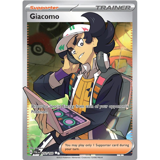 Pokémon trading card featuring Giacomo, a trainer character with a laptop.