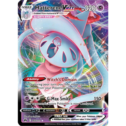 Pokémon trading card featuring Hatterene VMAX with colorful background