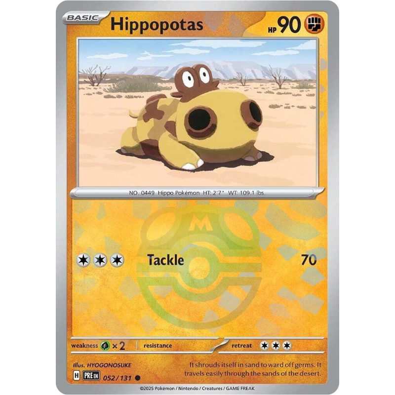Hippopotas Pokémon trading card with desert background