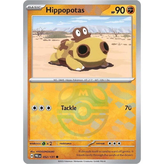 Hippopotas Pokémon trading card with desert background