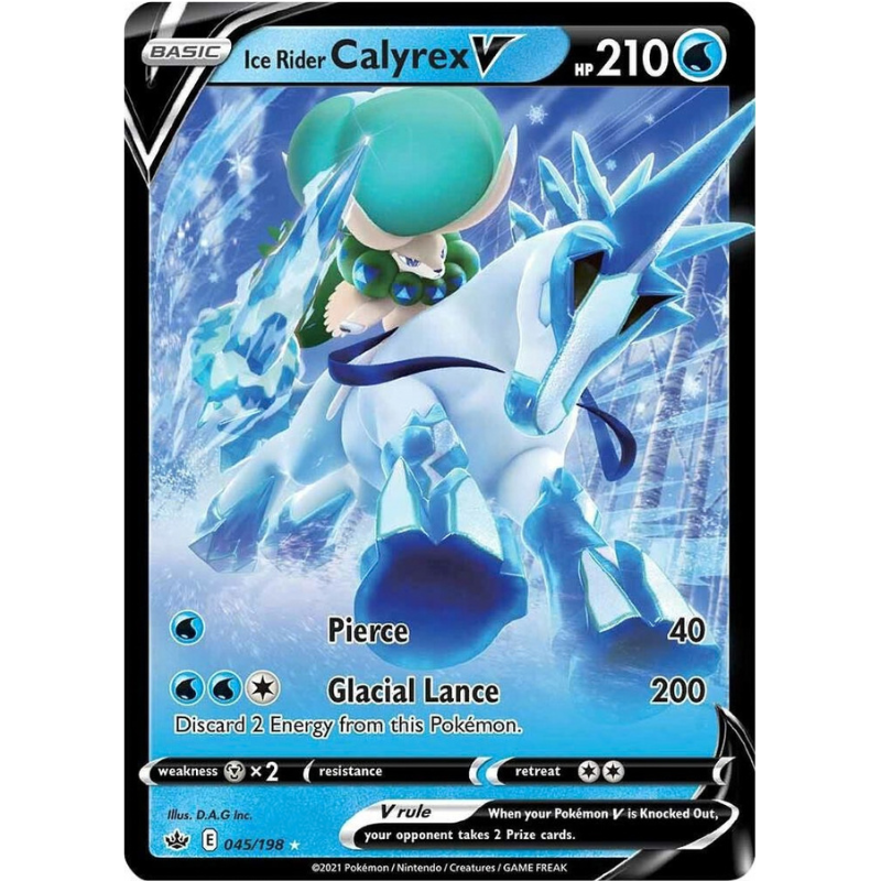 Pokémon trading card featuring Ice Rider Calyrex V with icy design and character on a white background