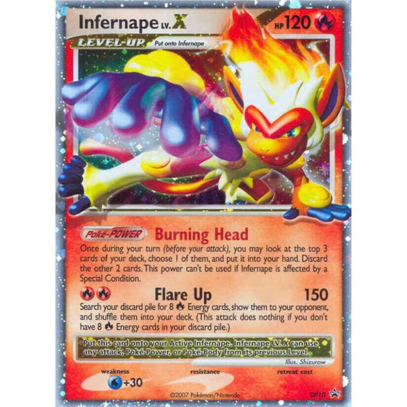 Pokémon trading card featuring Infernape LV.X with colorful design and text.