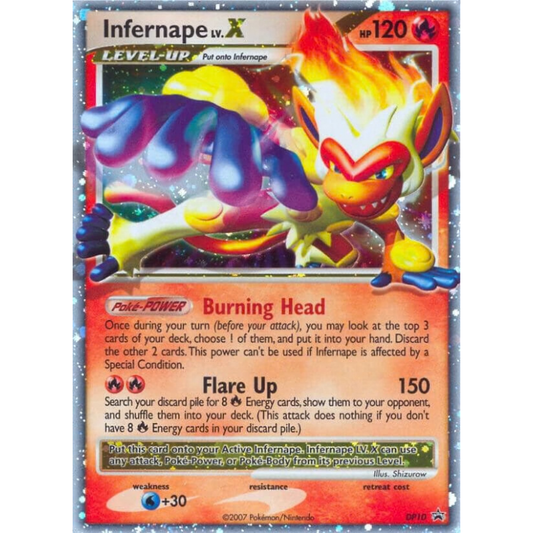 Pokémon trading card featuring Infernape LV.X with colorful design and text.