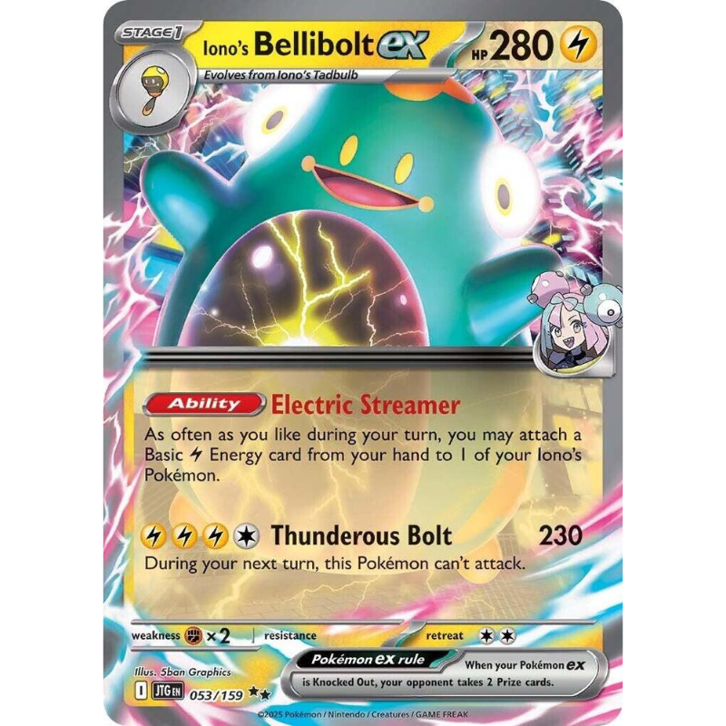 Pokémon trading card featuring Iono's Bellibolt EX with colorful design and text.