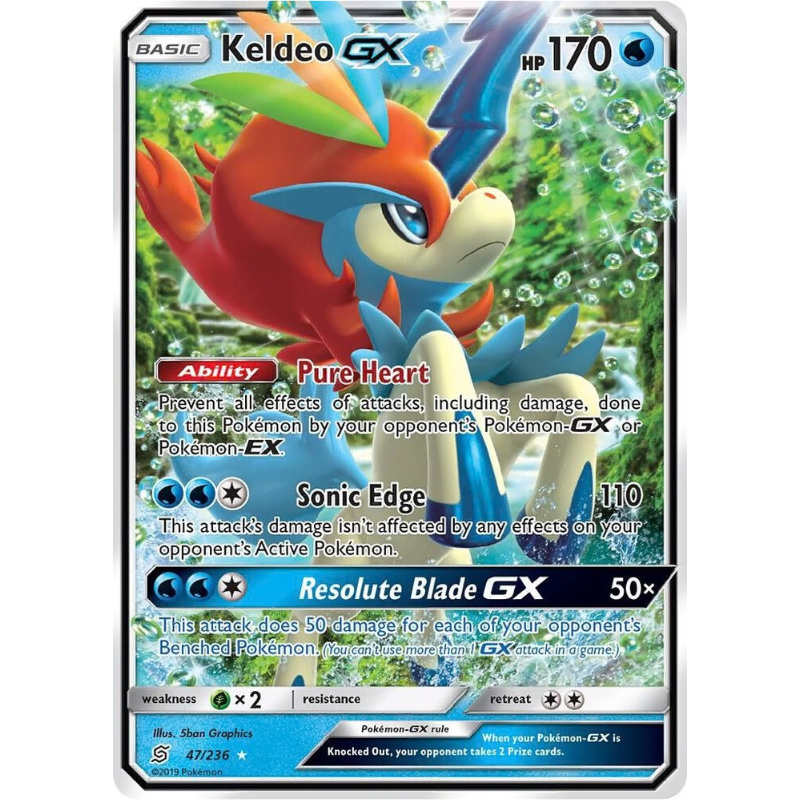 Pokémon trading card featuring Keldeo GX with detailed artwork and text.