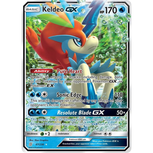 Pokémon trading card featuring Keldeo GX with detailed artwork and text.