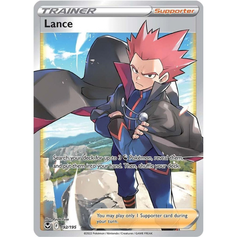 Pokémon trading card featuring a character named Lance with a scenic background.