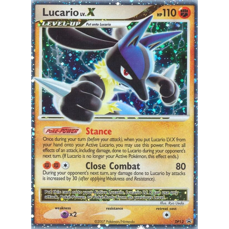 Pokémon trading card featuring Lucario LV.X with detailed artwork and text.