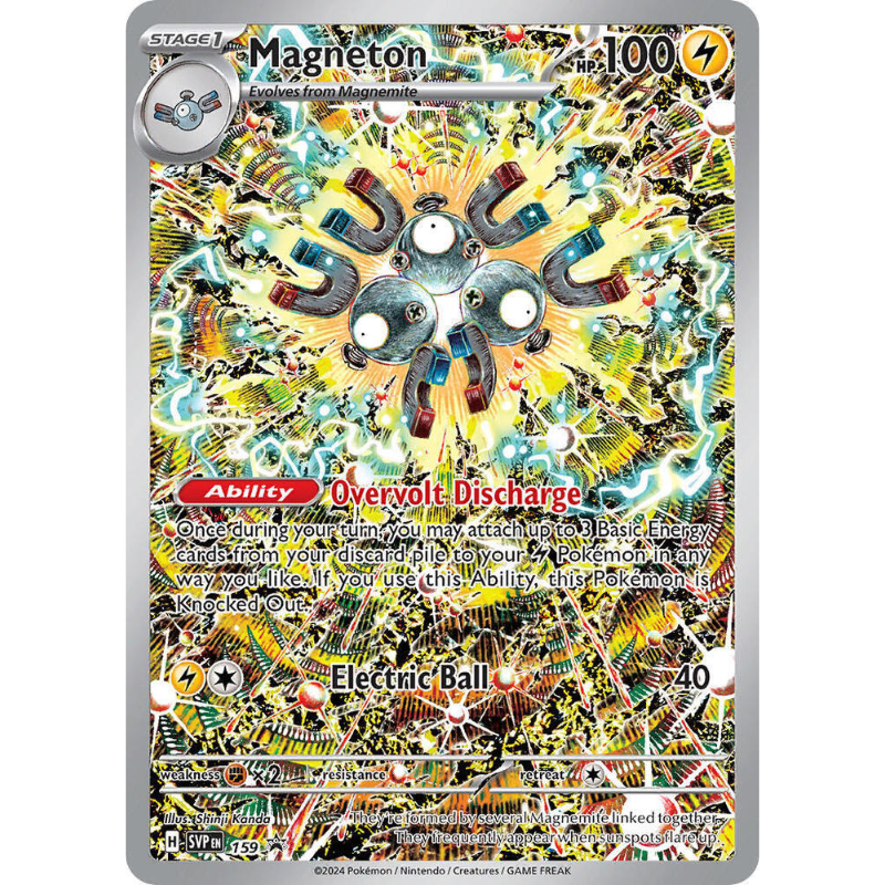 Pokémon trading card featuring Magneton with colorful design and text.