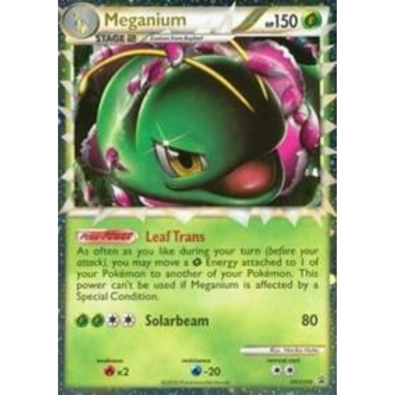 Pokémon trading card featuring Meganium with green and pink design