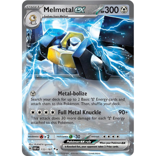 Pokémon trading card featuring Melmetal ex with energy effects and text.
