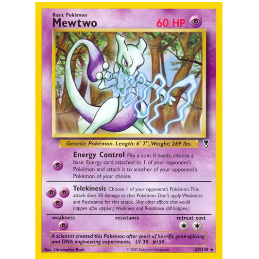 Pokémon trading card featuring Mewtwo with a purple border