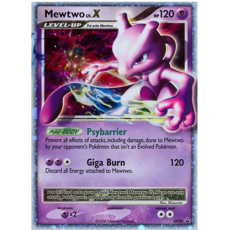 Pokémon trading card featuring Mewtwo with a purple and pink design