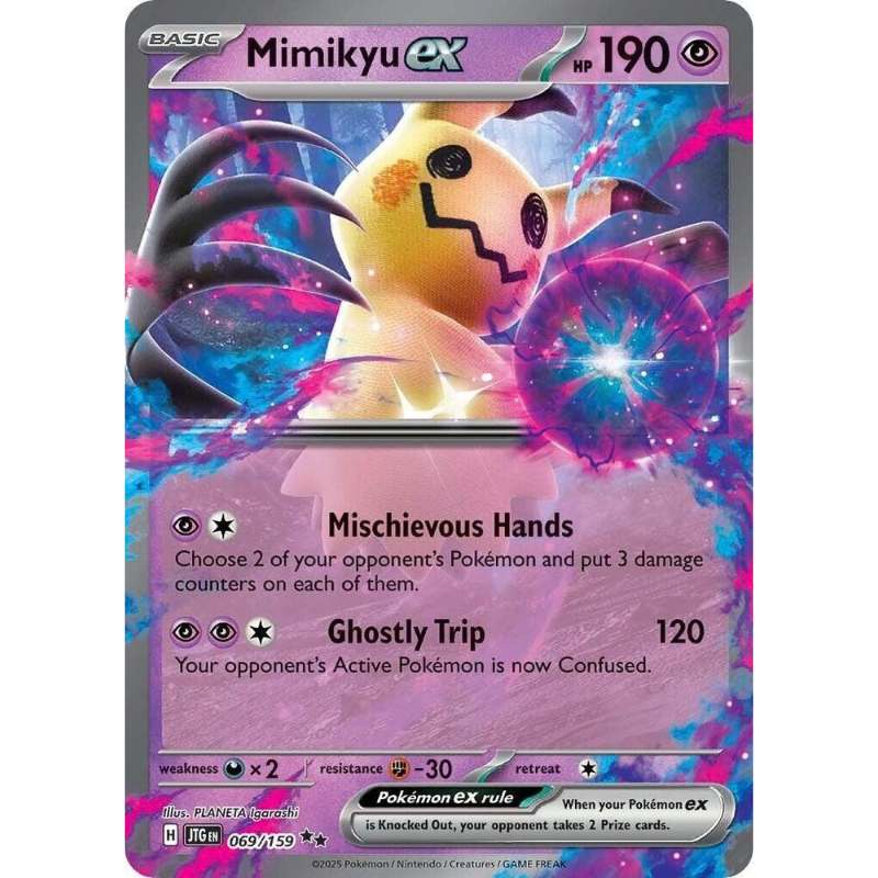 Pokémon trading card featuring Mimikyu EX with colorful background