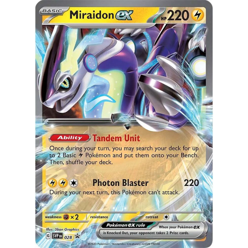 Pokémon trading card featuring Miraidon EX with detailed artwork and text.
