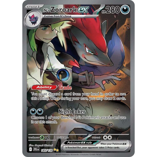 Pokémon trading card featuring N's Zoroark EX with detailed artwork and text.