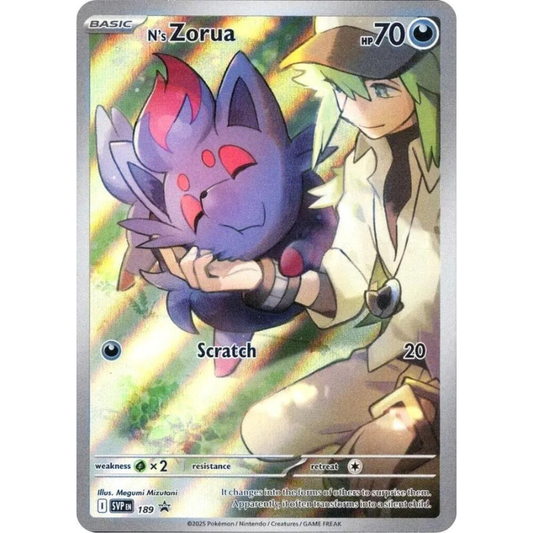 Pokémon trading card featuring Zorua with a Pokémon character holding it.