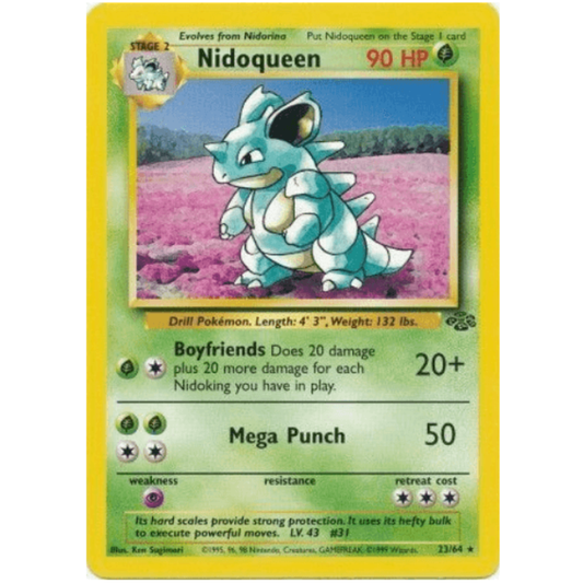Pokémon trading card featuring Nidoqueen with a grassy field background