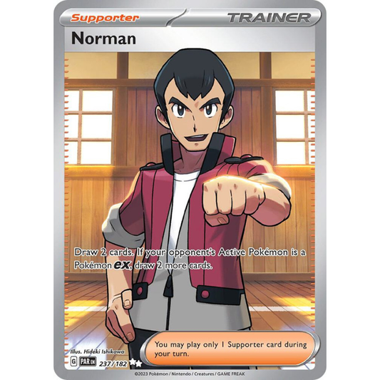 Pokémon trading card featuring a character named Norman with a wooden room background.