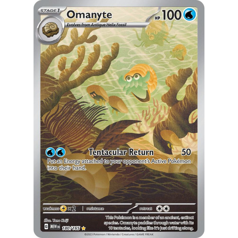 Pokémon trading card featuring Omanyte with underwater scene design