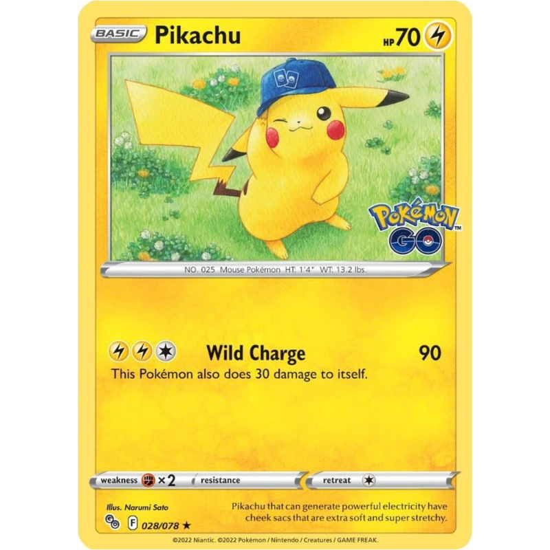 Pokémon trading card featuring Pikachu with a blue cap on a grassy background