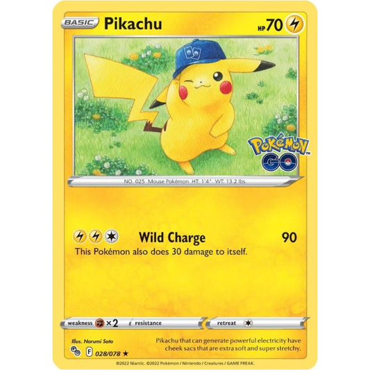 Pokémon trading card featuring Pikachu with a blue cap on a grassy background