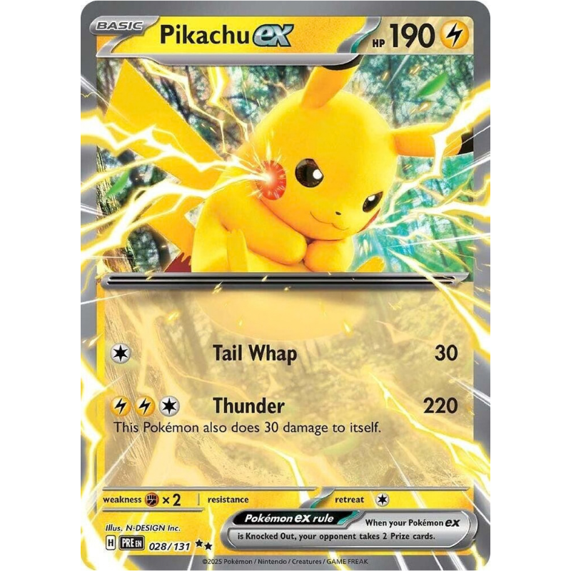 Pokémon trading card featuring Pikachu EX with stats and abilities displayed.