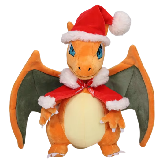Plush toy of a dragon-like creature wearing a Santa hat and scarf on a white background