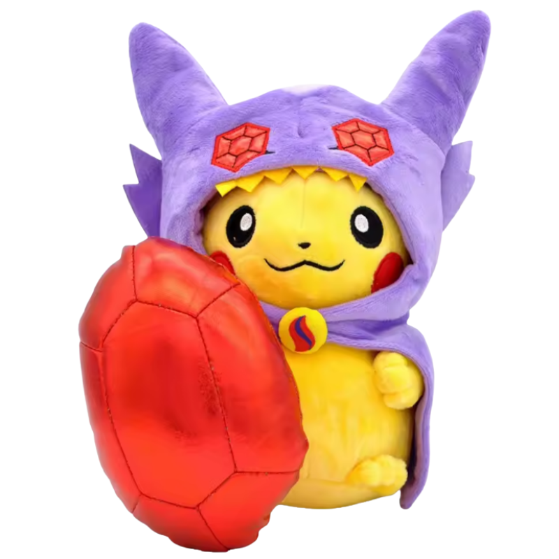 Plush toy of a character from a popular franchise with a purple hood and red shell on a white background