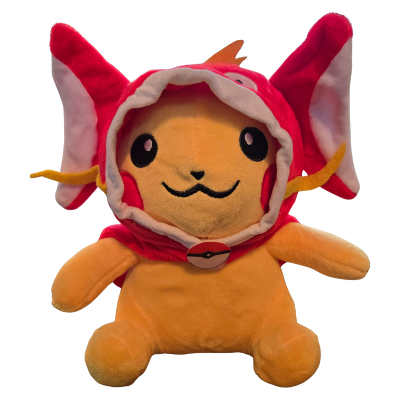 Plush toy with a red hood and yellow body on a white background