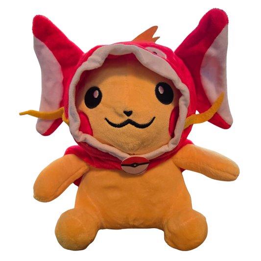 Plush toy with a red hood and yellow body on a white background