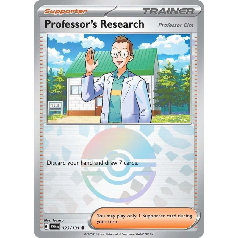 Pokémon trading card featuring Professor Elm with a house and trees in the background