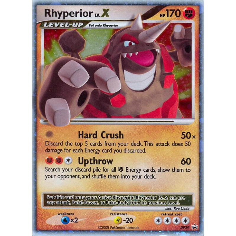 Pokémon trading card featuring Rhyperior LV.X with character and text details.