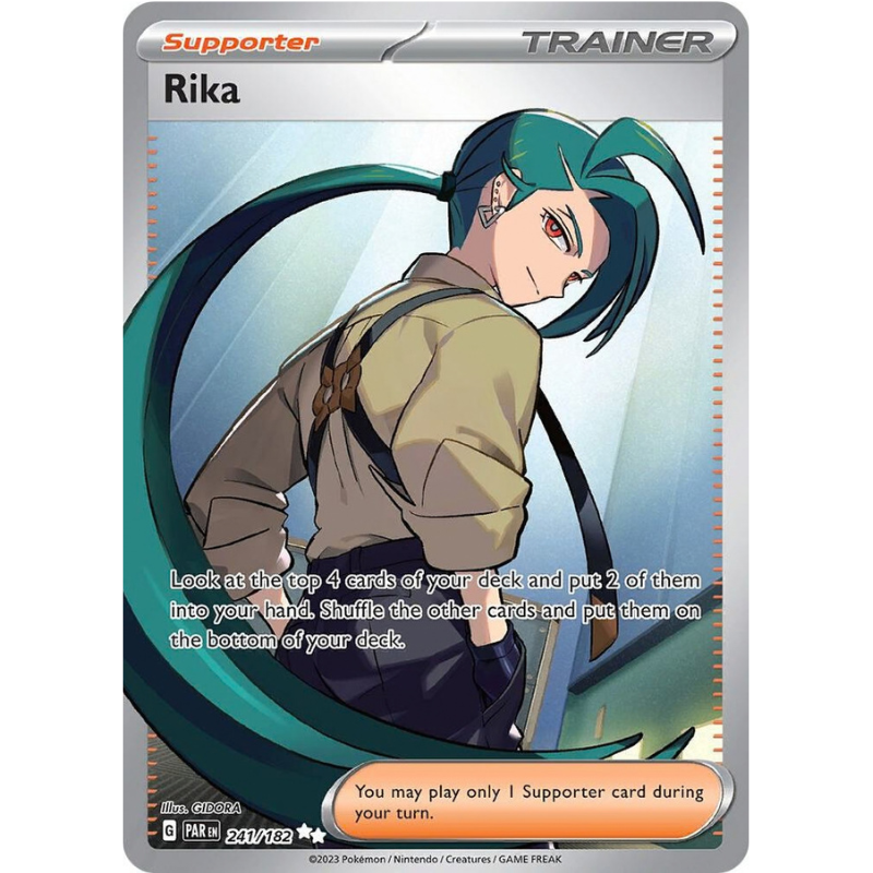 Trading card featuring a character named Rika with game text on a white background