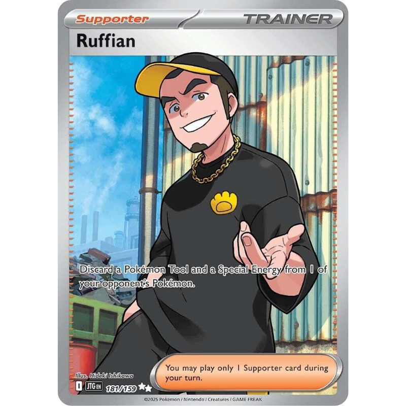 Trading card featuring a character named Ruffian with a cityscape background