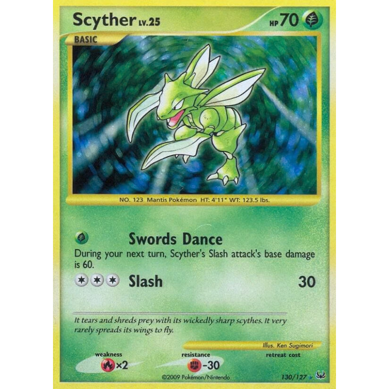 Pokémon trading card featuring Scyther with green and blue design