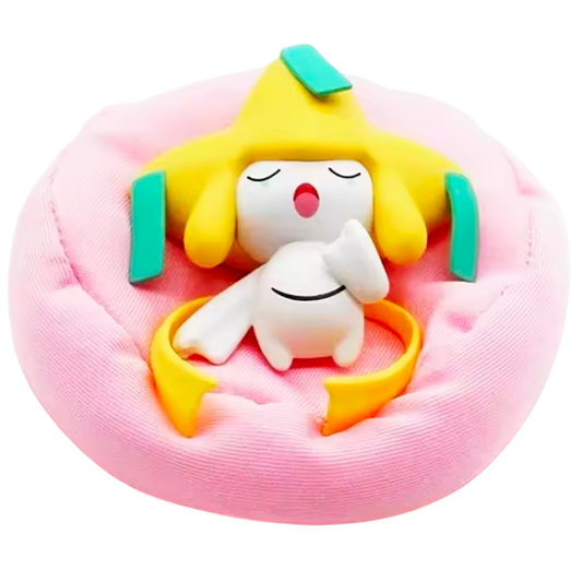 Colorful cartoon character with a dog on a pink cushion