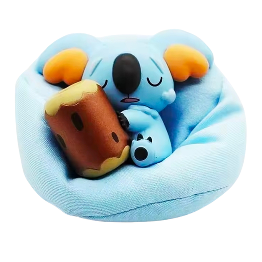 Plush toy with a blue character holding a brown bear-like creature on a white background