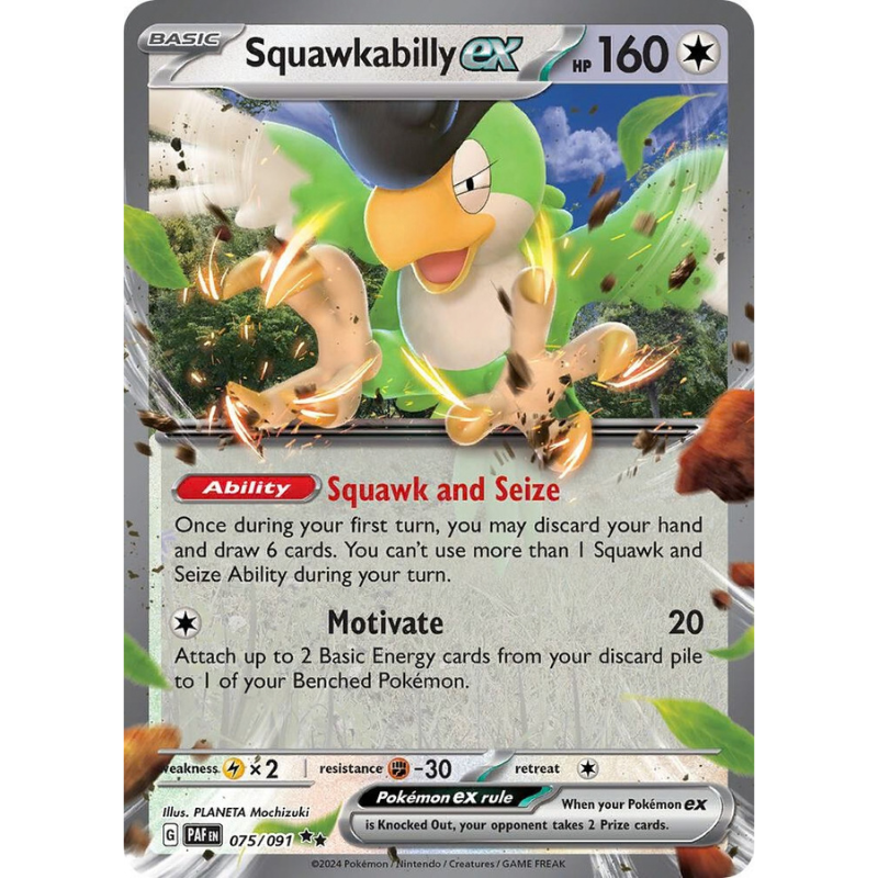 Pokémon trading card featuring Squawkabilly ex with detailed artwork and text.