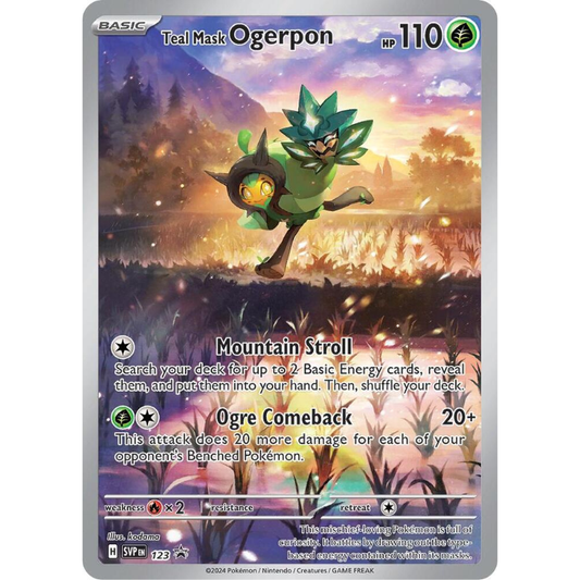 Pokémon trading card featuring Teal Mask Ogerpon with a scenic background