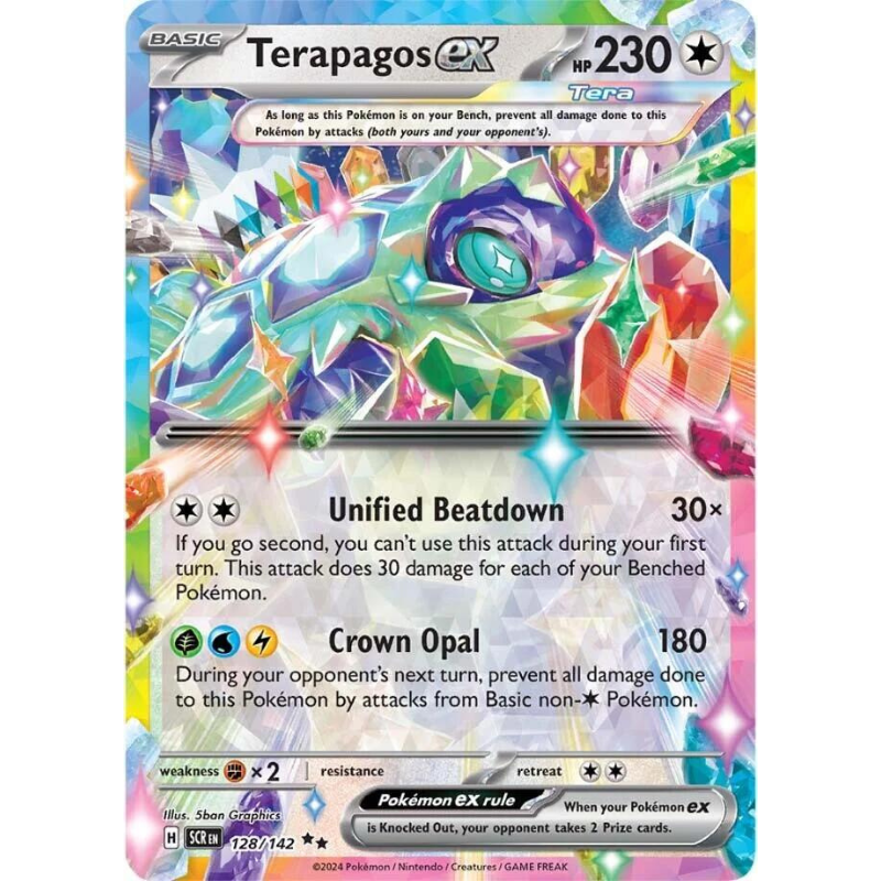 Colorful trading card featuring a Pokémon named Terapagos EX with detailed text and graphics.